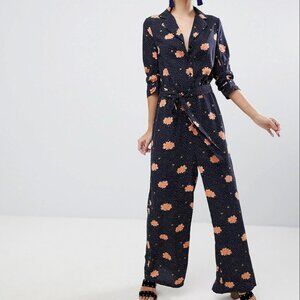 ASOS Liquorish Navy floral wide leg jumpsuit UK 8/36